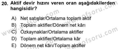 Muhasebe Denetimi ve Mali Analiz Dersi 2015 - 2016 Yılı Tek Ders Sınav Soruları 20. Soru