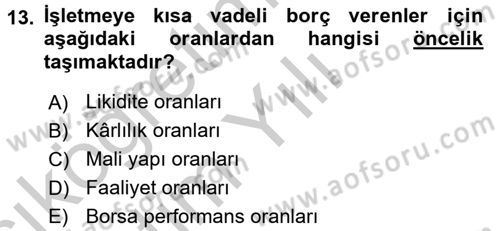 Muhasebe Denetimi ve Mali Analiz Dersi 2016 - 2017 Yılı 3 Ders Sınav Soruları 13. Soru