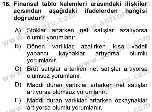 Muhasebe Denetimi ve Mali Analiz Dersi 2016 - 2017 Yılı 3 Ders Sınav Soruları 16. Soru
