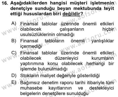 Muhasebe Denetimi ve Mali Analiz Dersi 2016 - 2017 Yılı (Vize) Ara Sınav Soruları 16. Soru