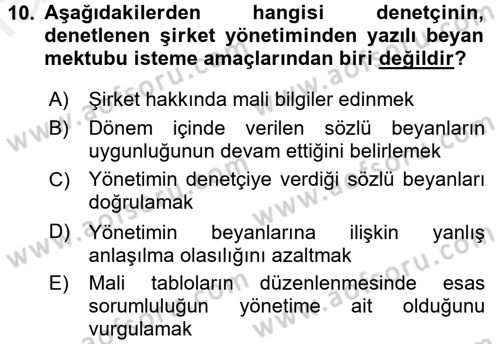 Muhasebe Denetimi ve Mali Analiz Dersi 2017 - 2018 Yılı 3 Ders Sınav Soruları 10. Soru