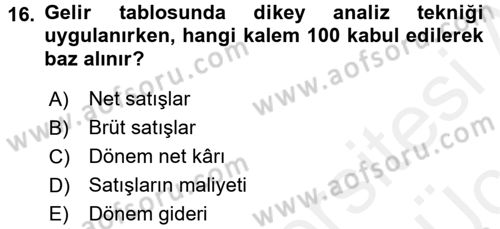 Muhasebe Denetimi ve Mali Analiz Dersi 2017 - 2018 Yılı 3 Ders Sınav Soruları 16. Soru