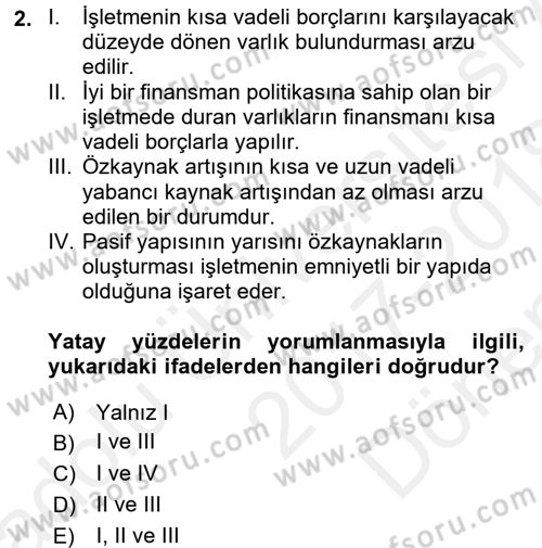 Muhasebe Denetimi ve Mali Analiz Dersi 2017 - 2018 Yılı (Final) Dönem Sonu Sınav Soruları 2. Soru