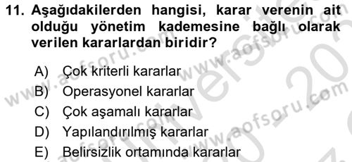 Maliyet Ve Yönetim Muhasebesi Dersi 2019 - 2020 Yılı Yaz Okulu Sınav Soruları 11. Soru