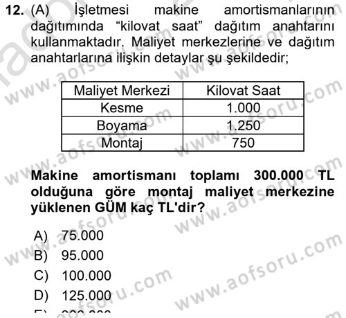 Maliyet Ve Yönetim Muhasebesi Dersi 2019 - 2020 Yılı Yaz Okulu Sınav Soruları 12. Soru
