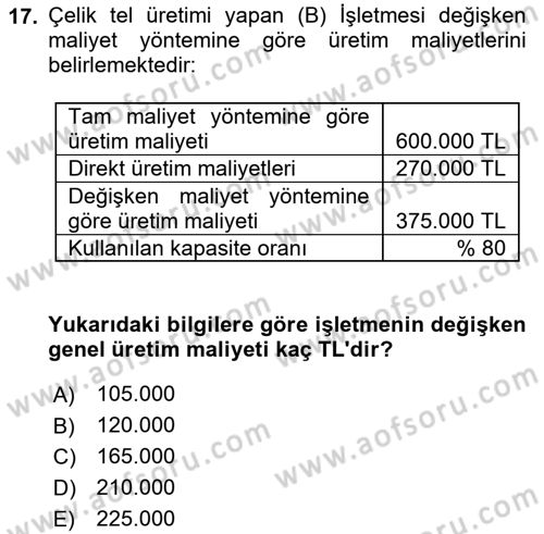 Maliyet Ve Yönetim Muhasebesi Dersi 2020 - 2021 Yılı Yaz Okulu Sınavı 17. Soru