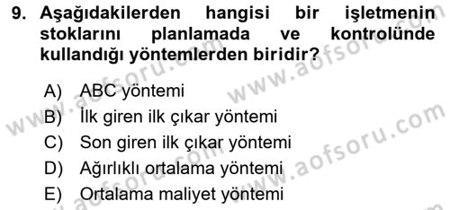 Maliyet Ve Yönetim Muhasebesi Dersi 2020 - 2021 Yılı Yaz Okulu Sınavı 9. Soru