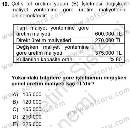 Maliyet Ve Yönetim Muhasebesi Dersi 2021 - 2022 Yılı (Vize) Ara Sınavı 19. Soru