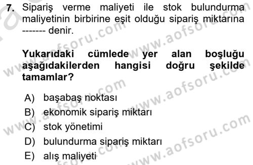 Maliyet Ve Yönetim Muhasebesi Dersi 2021 - 2022 Yılı (Vize) Ara Sınavı 7. Soru