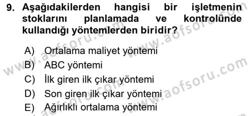 Maliyet Ve Yönetim Muhasebesi Dersi 2021 - 2022 Yılı (Vize) Ara Sınavı 9. Soru