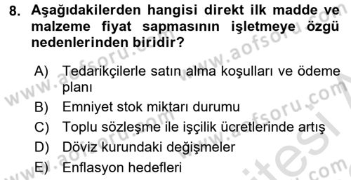 Maliyet Ve Yönetim Muhasebesi Dersi 2021 - 2022 Yılı (Final) Dönem Sonu Sınav Soruları 8. Soru