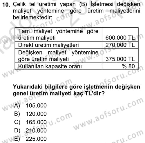 Maliyet Ve Yönetim Muhasebesi Dersi 2021 - 2022 Yılı Yaz Okulu Sınavı 10. Soru