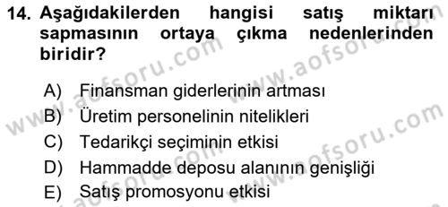 Maliyet Ve Yönetim Muhasebesi Dersi 2021 - 2022 Yılı Yaz Okulu Sınavı 14. Soru