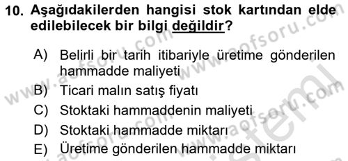 Maliyet Ve Yönetim Muhasebesi Dersi 2022 - 2023 Yılı (Vize) Ara Sınav Soruları 10. Soru
