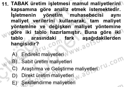 Maliyet Ve Yönetim Muhasebesi Dersi 2022 - 2023 Yılı (Vize) Ara Sınav Soruları 11. Soru