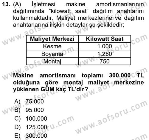 Maliyet Ve Yönetim Muhasebesi Dersi 2022 - 2023 Yılı (Vize) Ara Sınav Soruları 13. Soru