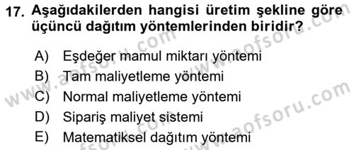 Maliyet Ve Yönetim Muhasebesi Dersi 2022 - 2023 Yılı (Vize) Ara Sınav Soruları 17. Soru