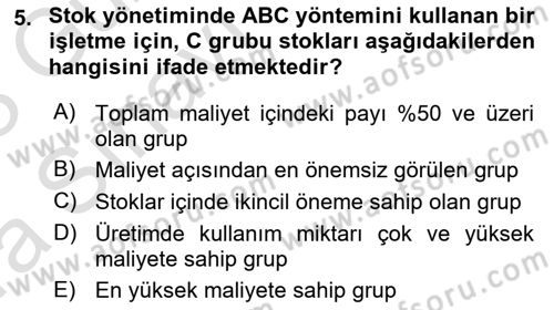 Maliyet Ve Yönetim Muhasebesi Dersi 2022 - 2023 Yılı (Vize) Ara Sınav Soruları 5. Soru