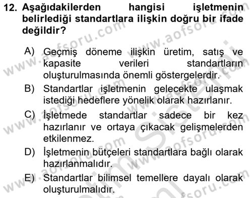 Maliyet Ve Yönetim Muhasebesi Dersi 2022 - 2023 Yılı (Final) Dönem Sonu Sınav Soruları 12. Soru