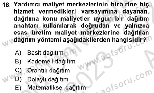 Maliyet Ve Yönetim Muhasebesi Dersi Ara Sınavı Deneme Sınav Soruları 18. Soru