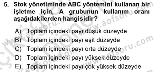 Maliyet Ve Yönetim Muhasebesi Dersi Ara Sınavı Deneme Sınav Soruları 5. Soru
