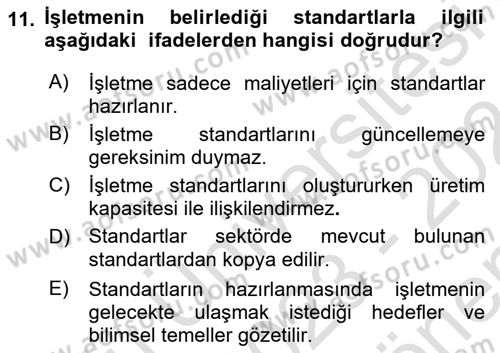 Maliyet Ve Yönetim Muhasebesi Dersi 2023 - 2024 Yılı (Final) Dönem Sonu Sınav Soruları 11. Soru
