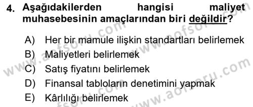 Maliyet Ve Yönetim Muhasebesi Dersi 2023 - 2024 Yılı (Final) Dönem Sonu Sınav Soruları 4. Soru
