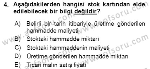 Maliyet Ve Yönetim Muhasebesi Dersi 2023 - 2024 Yılı Yaz Okulu Sınav Soruları 4. Soru