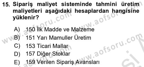 Maliyet Ve Yönetim Muhasebesi Dersi Ara Sınavı Deneme Sınav Soruları 15. Soru