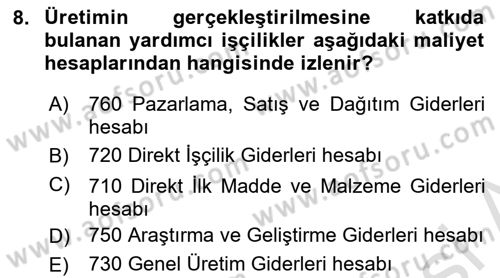 Maliyet Ve Yönetim Muhasebesi Dersi Ara Sınavı Deneme Sınav Soruları 8. Soru