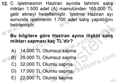 Maliyet Ve Yönetim Muhasebesi Dersi 2024 - 2025 Yılı (Final) Dönem Sonu Sınav Soruları 12. Soru