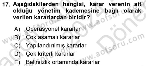 Maliyet Ve Yönetim Muhasebesi Dersi 2024 - 2025 Yılı (Final) Dönem Sonu Sınav Soruları 17. Soru
