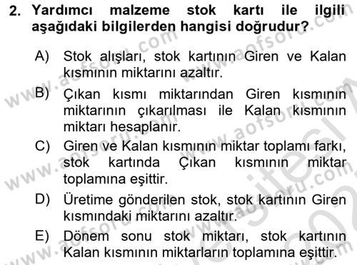 Maliyet Ve Yönetim Muhasebesi Dersi 2024 - 2025 Yılı (Final) Dönem Sonu Sınav Soruları 2. Soru