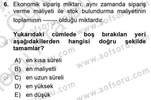 Maliyet Ve Yönetim Muhasebesi Dersi 2025 - 2026 Yılı (Vize) Ara Sınav Soruları 6. Soru