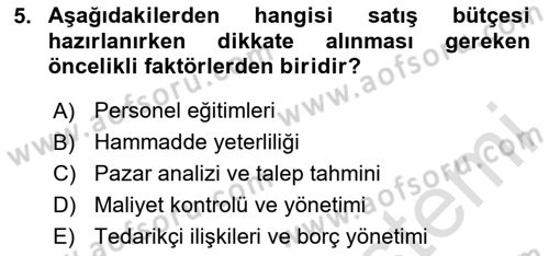 Maliyet Ve Yönetim Muhasebesi Dersi 2025 - 2026 Yılı (Final) Dönem Sonu Sınav Soruları 5. Soru