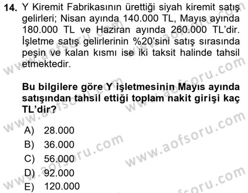 Maliyet Ve Yönetim Muhasebesi Dersi 2025 - 2026 Yılı Yaz Okulu Sınav Soruları 14. Soru