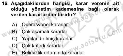 Maliyet Ve Yönetim Muhasebesi Dersi 2025 - 2026 Yılı Yaz Okulu Sınav Soruları 16. Soru
