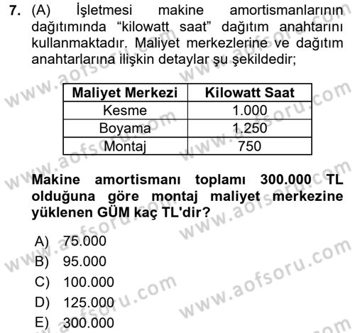 Maliyet Ve Yönetim Muhasebesi Dersi 2025 - 2026 Yılı Yaz Okulu Sınav Soruları 7. Soru