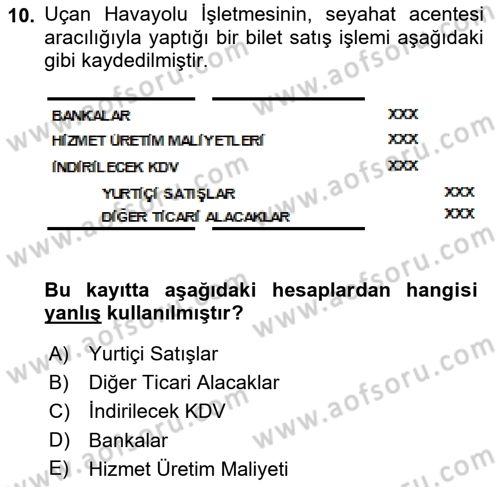 Havacılık İşletmelerinde Muhasebe Uygulamaları Dersi 2018 - 2019 Yılı (Vize) Ara Sınav Soruları 10. Soru