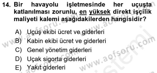 Havacılık İşletmelerinde Muhasebe Uygulamaları Dersi 2018 - 2019 Yılı (Vize) Ara Sınav Soruları 14. Soru