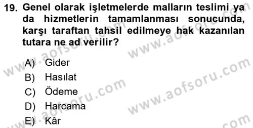 Havacılık İşletmelerinde Muhasebe Uygulamaları Dersi 2018 - 2019 Yılı (Vize) Ara Sınav Soruları 19. Soru