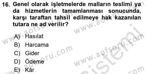 Havacılık İşletmelerinde Muhasebe Uygulamaları Dersi Ara Sınavı Deneme Sınav Soruları 16. Soru