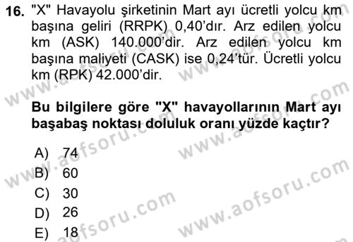 Havacılık İşletmelerinde Muhasebe Uygulamaları Dersi 2019 - 2020 Yılı (Final) Dönem Sonu Sınav Soruları 16. Soru