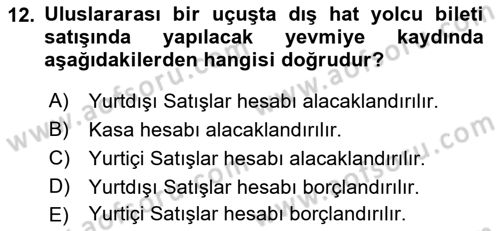 Havacılık İşletmelerinde Muhasebe Uygulamaları Dersi 2021 - 2022 Yılı (Vize) Ara Sınav Soruları 12. Soru