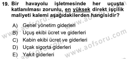 Havacılık İşletmelerinde Muhasebe Uygulamaları Dersi 2021 - 2022 Yılı (Vize) Ara Sınav Soruları 19. Soru