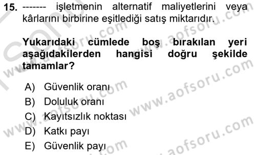 Havacılık İşletmelerinde Muhasebe Uygulamaları Dersi 2021 - 2022 Yılı (Final) Dönem Sonu Sınav Soruları 15. Soru