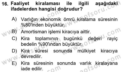 Havacılık İşletmelerinde Muhasebe Uygulamaları Dersi 2021 - 2022 Yılı (Final) Dönem Sonu Sınav Soruları 16. Soru