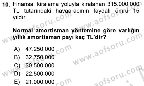 Havacılık İşletmelerinde Muhasebe Uygulamaları Dersi 2021 - 2022 Yılı Yaz Okulu Sınav Soruları 10. Soru