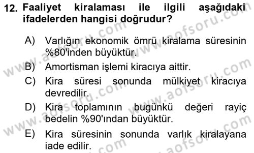 Havacılık İşletmelerinde Muhasebe Uygulamaları Dersi 2021 - 2022 Yılı Yaz Okulu Sınav Soruları 12. Soru