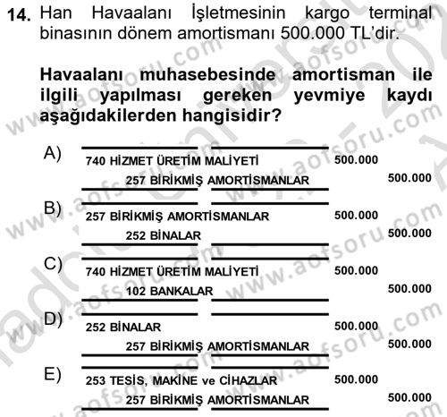 Havacılık İşletmelerinde Muhasebe Uygulamaları Dersi 2022 - 2023 Yılı (Vize) Ara Sınav Soruları 14. Soru